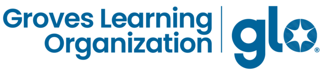 Groves Learning Organization logo featuring blue text and glo wordmark on black background