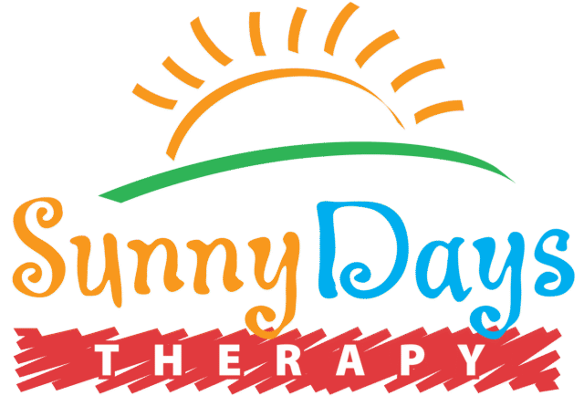 Sunny Days Therapy logo with orange sun, green horizon line, and red banner text